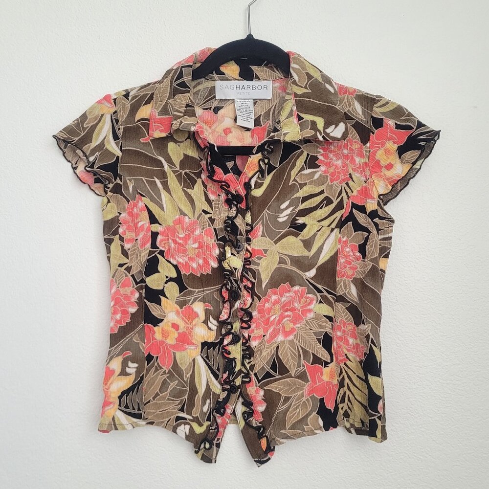 Vintage Boho Floral Cap Sleeve Button Up Fitted Blouse Tan Pink Size Small